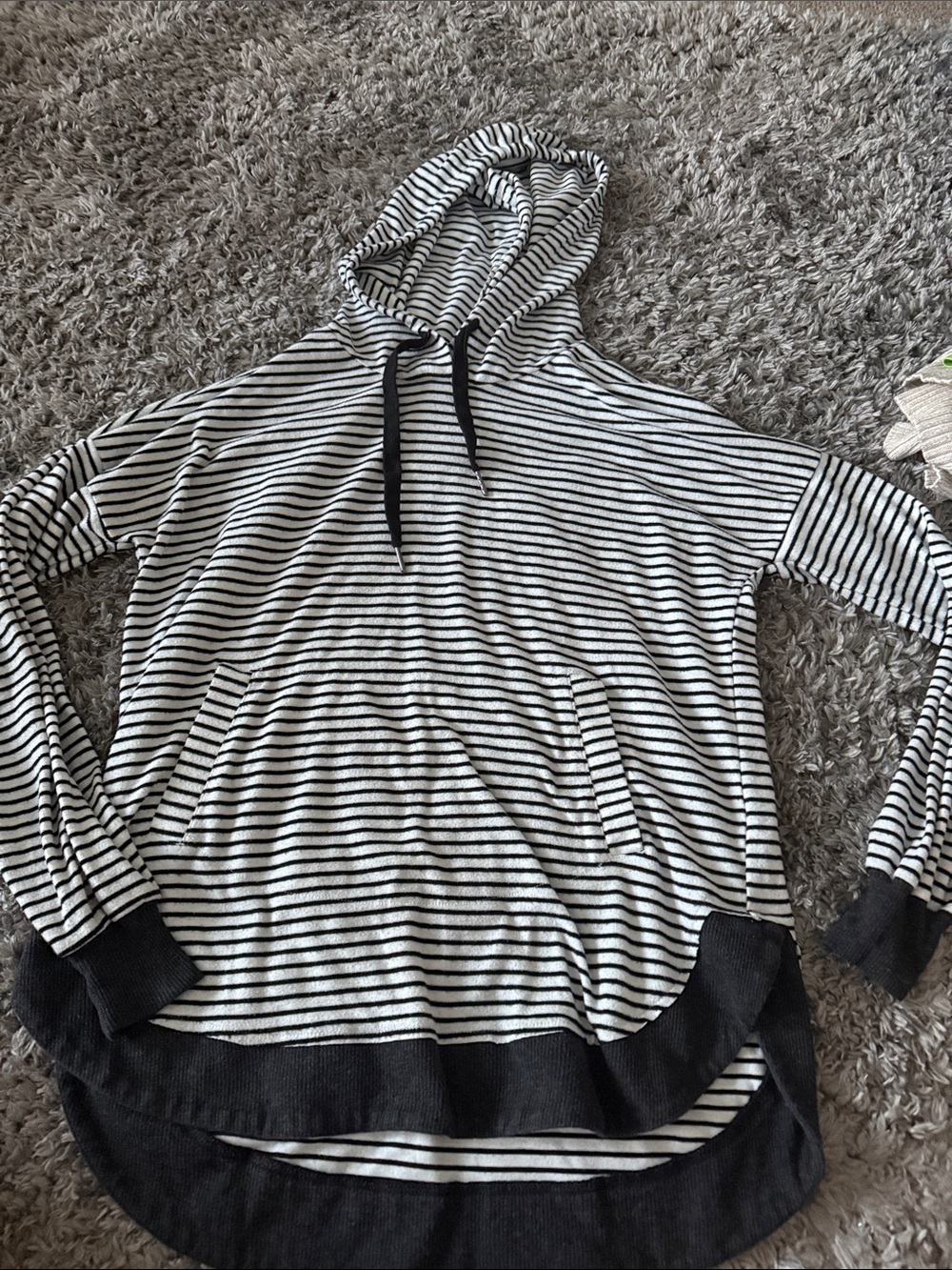 Boutique Striped Hooded Pullover with Contrast Hem